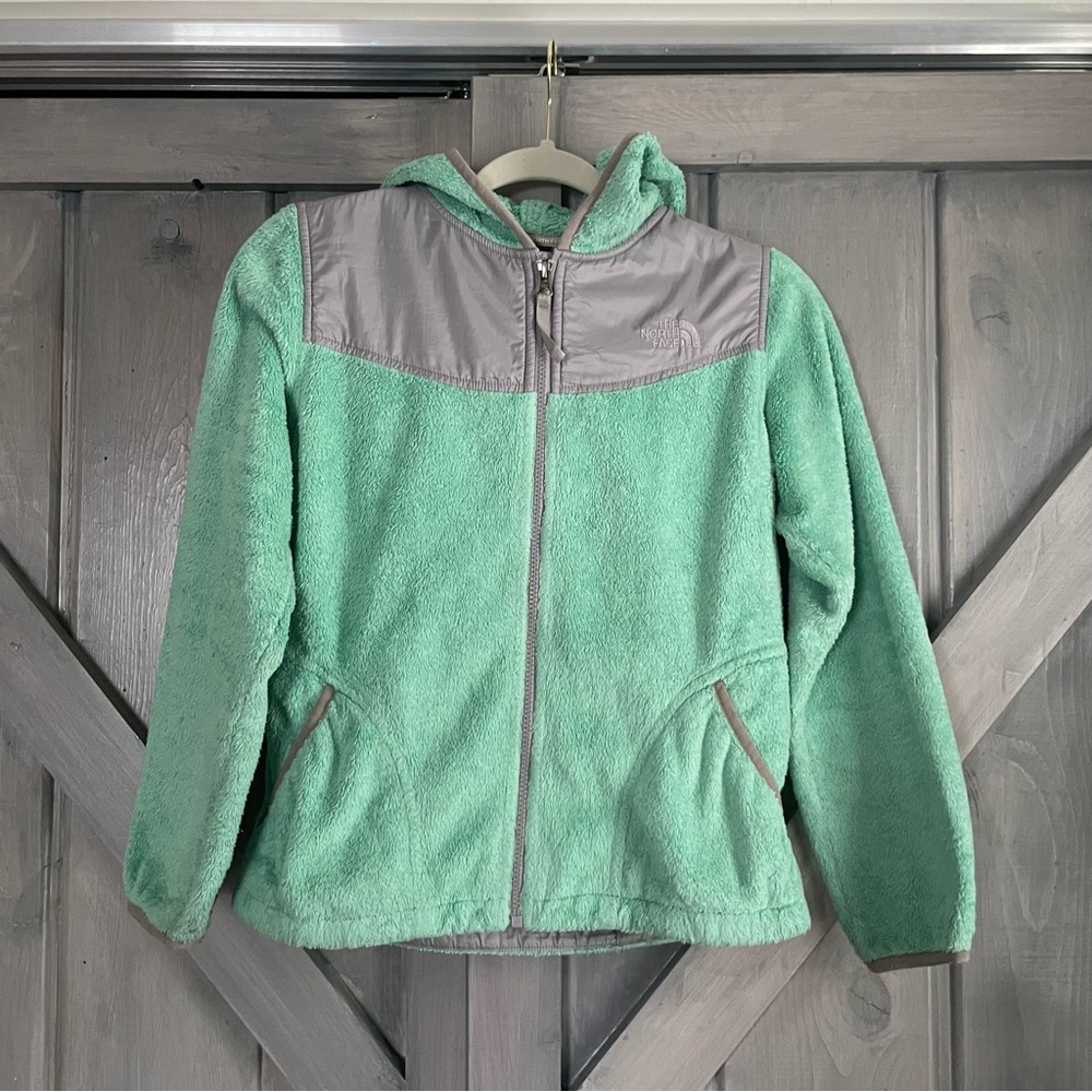 The north face aqua mint gray fuzzy jacket zip up hood‎ size Large 14/16